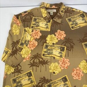 Tommy Bahama Mens Silk Hawaiian Camp Shirt Brown Postcard Floral Print‎ Size XL